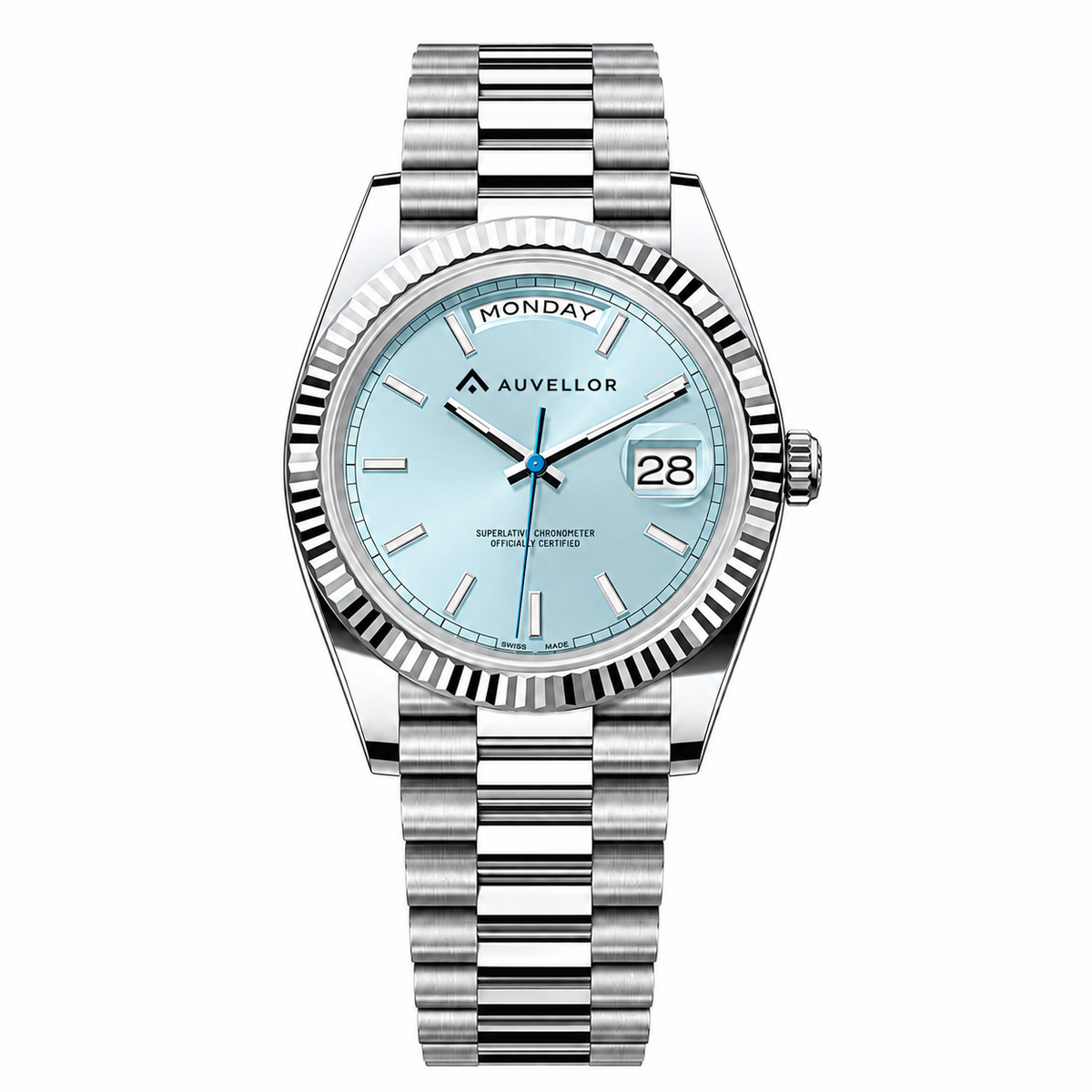 Auvellor Glaceryn – Ice Blue Dial — front view on white background